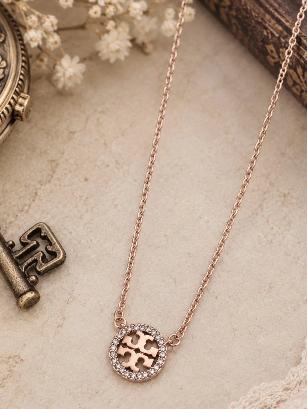 TORY BURCH • Rose Gold Delicate Crystal Logo Miller Necklace
